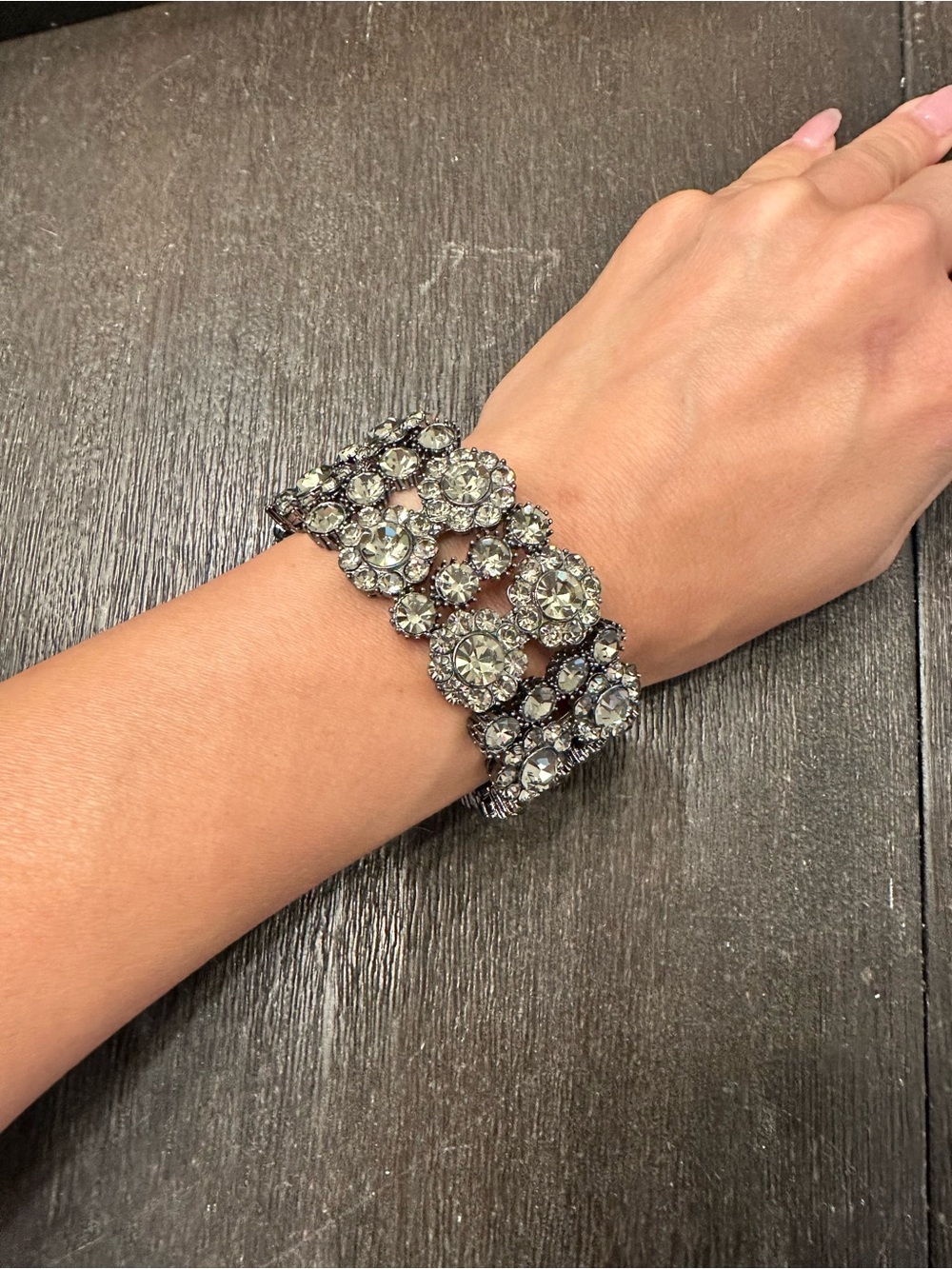 3 Crystal Statement Bracelet - Silver Rhinestone Floral Cuff